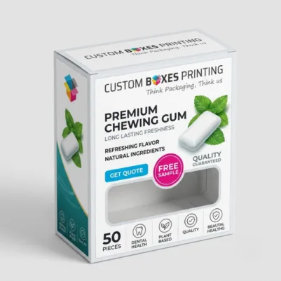 Custom printed chewing gum boxes with a clear front window, vibrant branding, mint leaf graphics, and product information. Designed for retail shelf presentation with an eye-catching promotional layout.