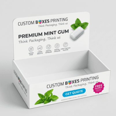 Open-top cardboard countertop display box for premium mint gum featuring a branded header card, clean white design, mint leaf graphics, promotional call-to-action, and ample space for retail product merchandising.