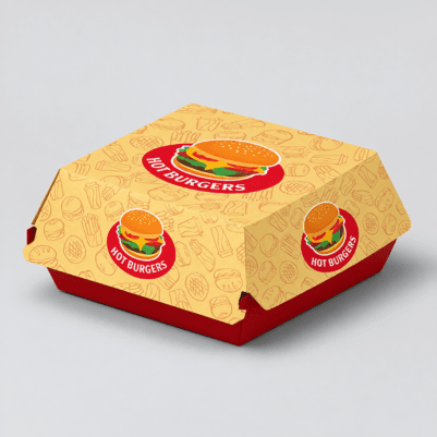 Custom printed burger boxes featuring red branding, burger illustrations, and a yellow patterned design.