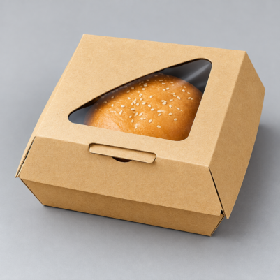 Kraft burger box with a clear window, designed to display and protect a freshly prepared burger.